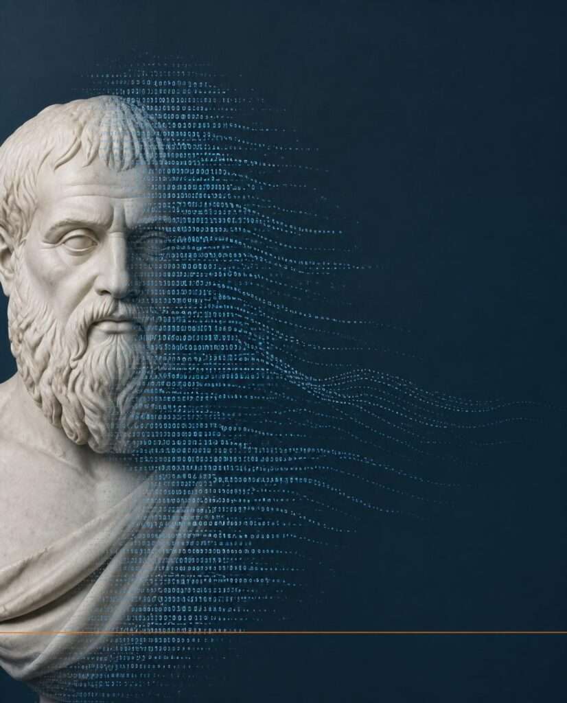 Formation L'IH décodée sur l'intelligence humaine en entreprise : buste de philosophe grec d'où sortent des 0 et des 1